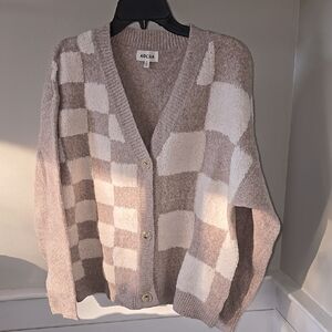 Adora Checkered Cardigan Sweater - Beige and White
